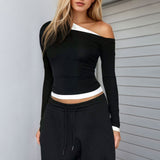 Women's American-style Contrast Color Shoulder Long-sleeved Top