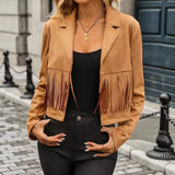 chaqueta Corta con Flecos y Cuello Sastre – Estilo Occidental Elegante