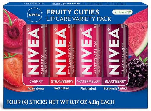 NIVEA Lip Care Fruit Paquete Variado – Bálsamo labial tintado para labios hermosos y suaves – Paquete de 4
