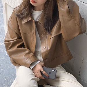 Abrigo de Cuero Sintético Marrón para Mujer – Estilo Elegante y Moderno