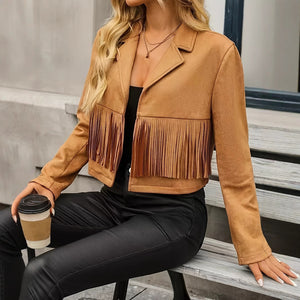 chaqueta Corta con Flecos y Cuello Sastre – Estilo Occidental Elegante