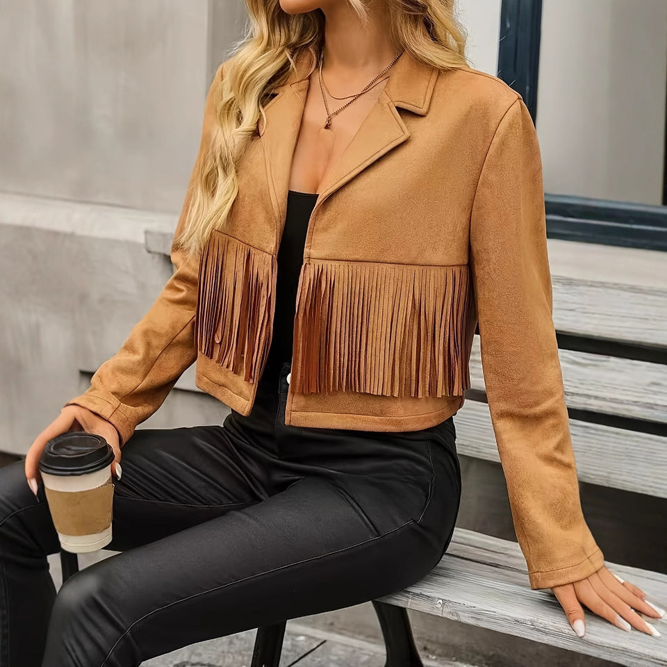 chaqueta Corta con Flecos y Cuello Sastre – Estilo Occidental Elegante