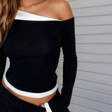 Women's American-style Contrast Color Shoulder Long-sleeved Top