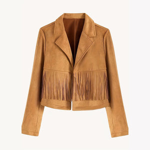 chaqueta Corta con Flecos y Cuello Sastre – Estilo Occidental Elegante