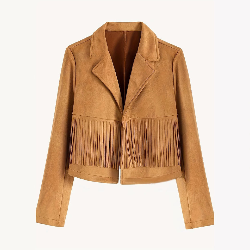 chaqueta Corta con Flecos y Cuello Sastre – Estilo Occidental Elegante