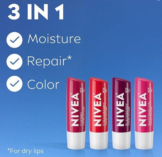 NIVEA Lip Care Fruit Paquete Variado – Bálsamo labial tintado para labios hermosos y suaves – Paquete de 4